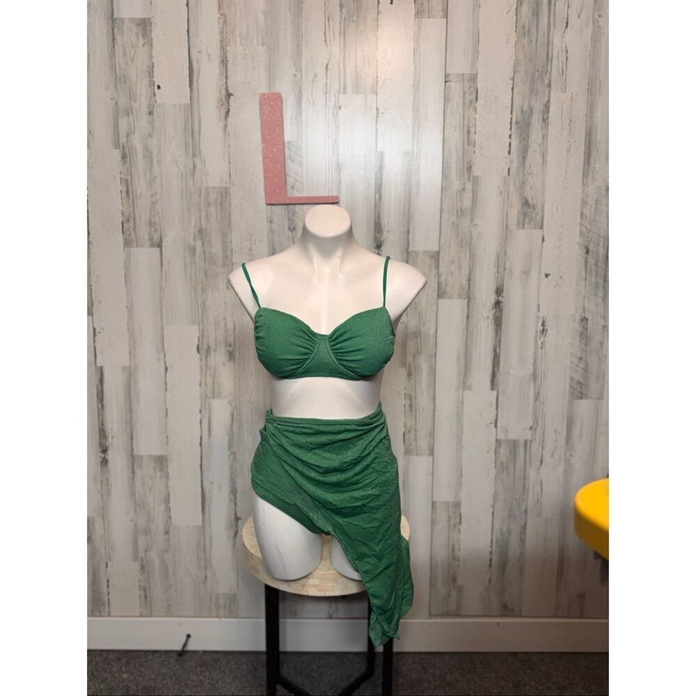 Green Sparkle 3-Piece Bikini Set Women’s Size L | Ruched Top + Bottoms + Sarong